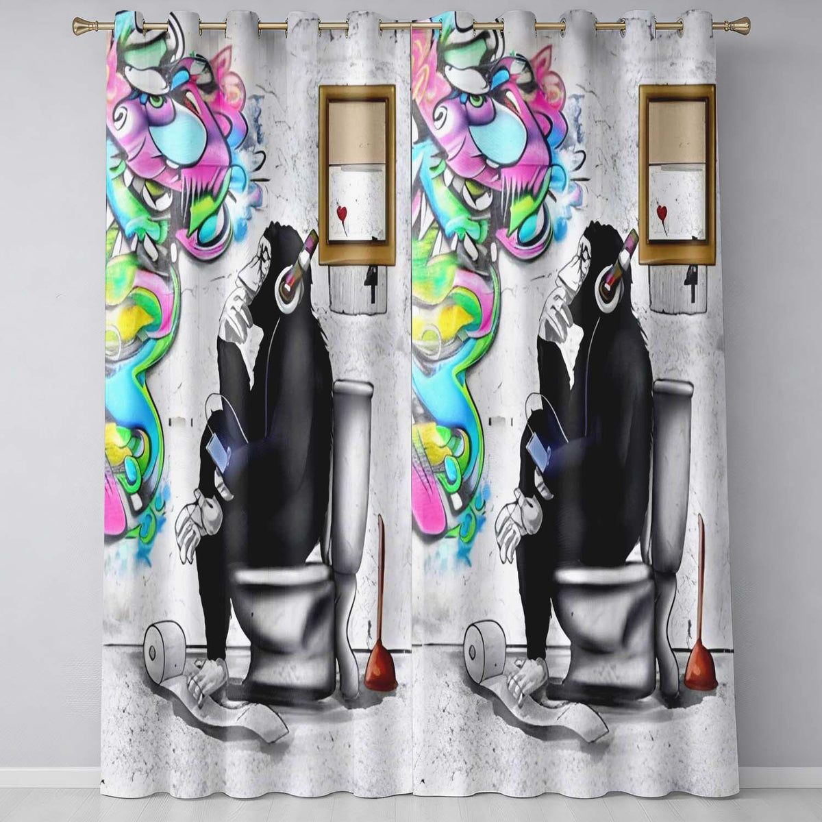 Man on Toilet Headphones Humorous Urban Graffiti Decorative Design for Home Decor Readymade Eyelet Ring Top Thermal 100% Blackout Curtains