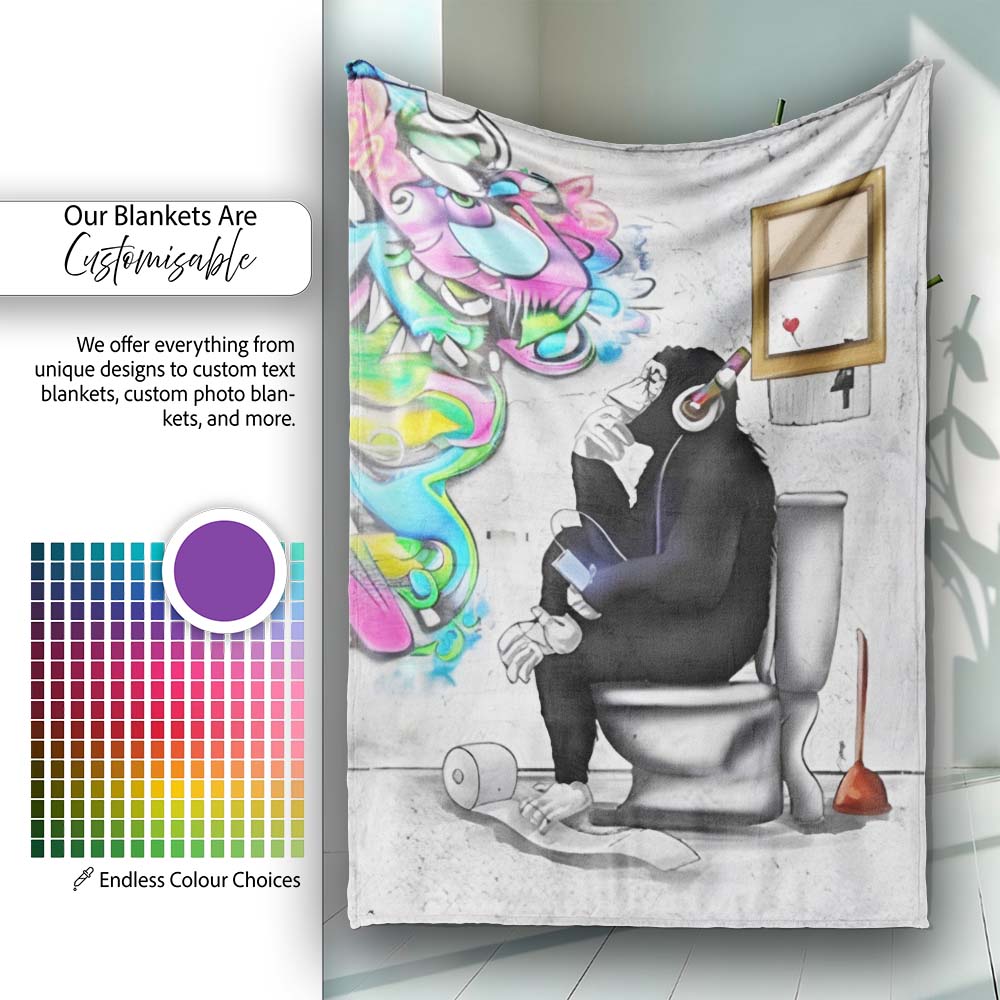Man on Toilet Headphones Humorous Urban Graffiti, All Season Comfort, Decorative Wall Art Style - Super Soft Fleece Blanket Bed Sofa Throw