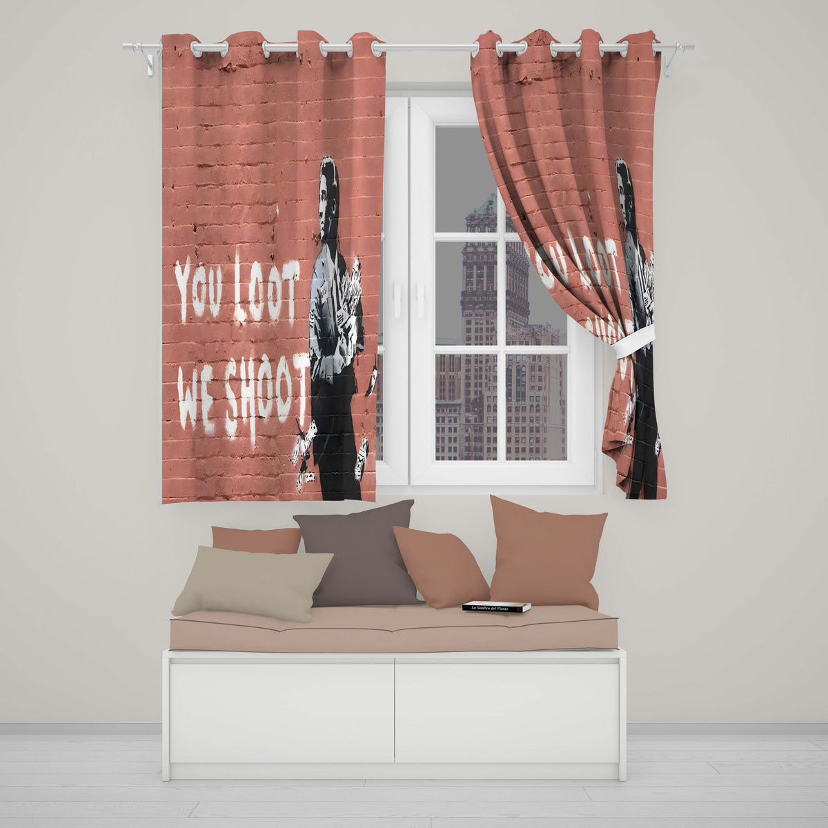 Businessman Holding Money Satirical Brick Wall Graffiti Modern Artistic Home Decor Readymade Eyelet Ring Top Thermal 100% Blackout Curtains