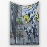 Two Boys Monochrome Urban Graffiti City Scene, All Season Comfort, Thoughtful Housewarming Gift - Super Soft Fleece Blanket Bed Sofa Throw