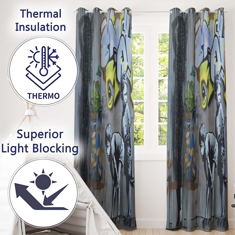 Two Boys Monochrome Urban Graffiti City Scene Bold Elegant Artwork for Home Decor Readymade Eyelet Ring Top Thermal 100% Blackout Curtains