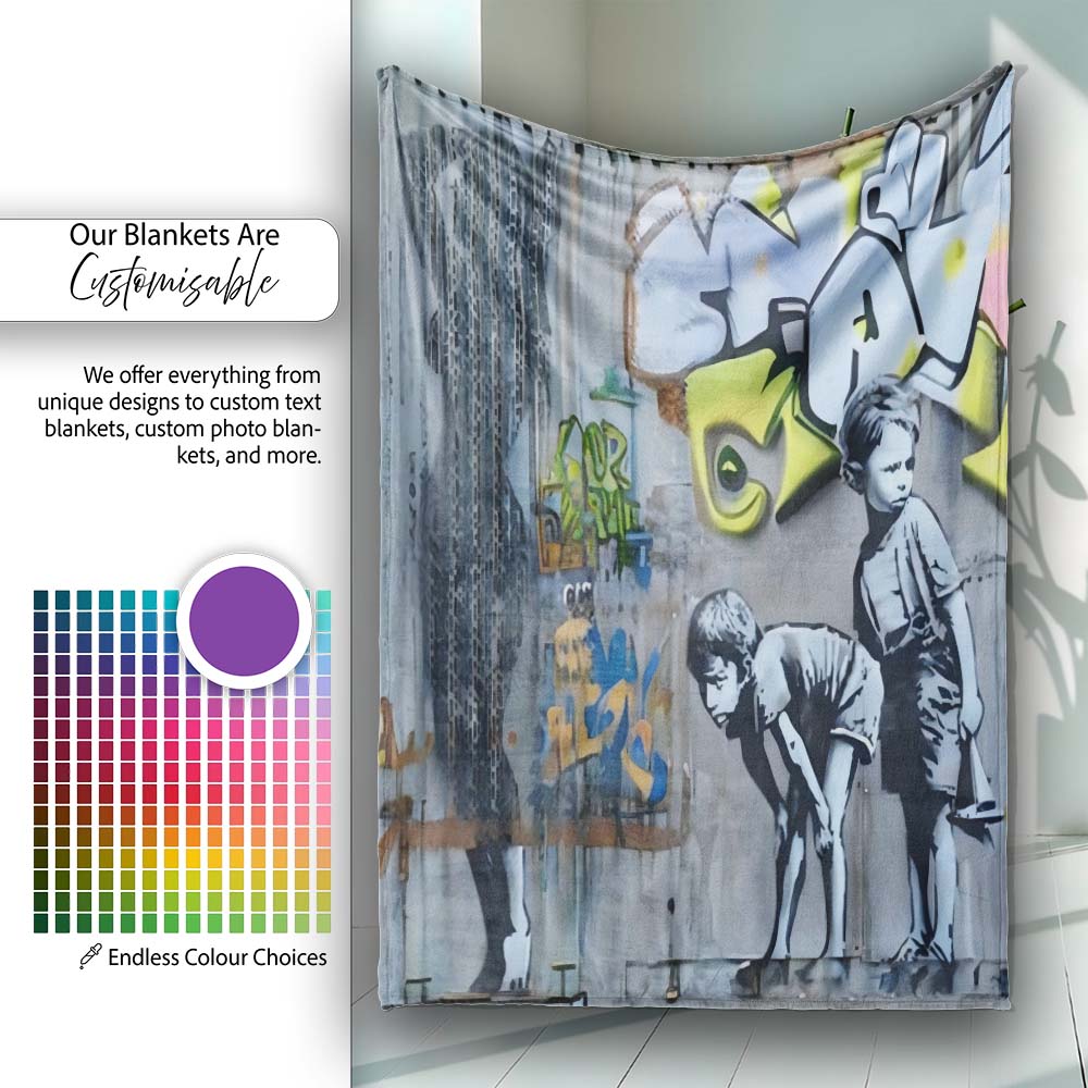 Two Boys Monochrome Urban Graffiti City Scene, All Season Comfort, Thoughtful Housewarming Gift - Super Soft Fleece Blanket Bed Sofa Throw