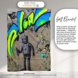 Vintage Robot Spray Can Neon Graffiti, Bedroom Living Room Accent, Thoughtful Housewarming Gift - Super Soft Fleece Blanket Bed Sofa Throw