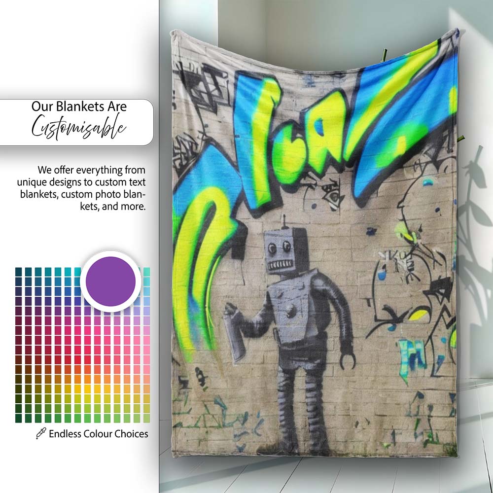 Vintage Robot Spray Can Neon Graffiti, Bedroom Living Room Accent, Thoughtful Housewarming Gift - Super Soft Fleece Blanket Bed Sofa Throw