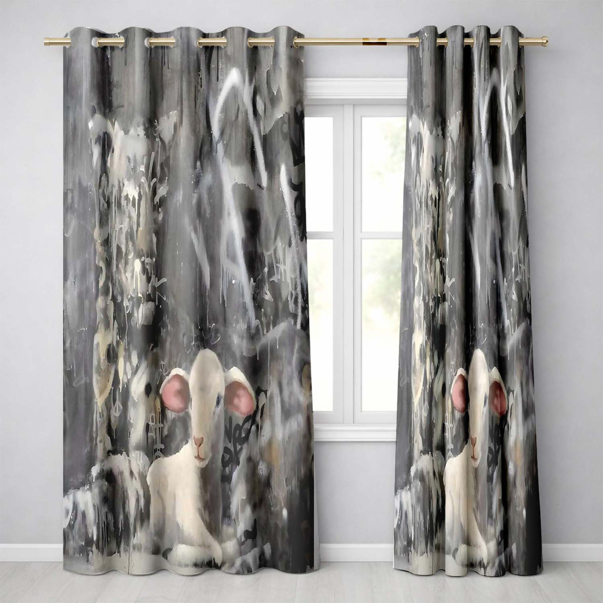 White Lamb Grey Abstract Graffiti Street Art Creative Bold Artwork for Home Decor Readymade Eyelet Ring Top Thermal 100% Blackout Curtains
