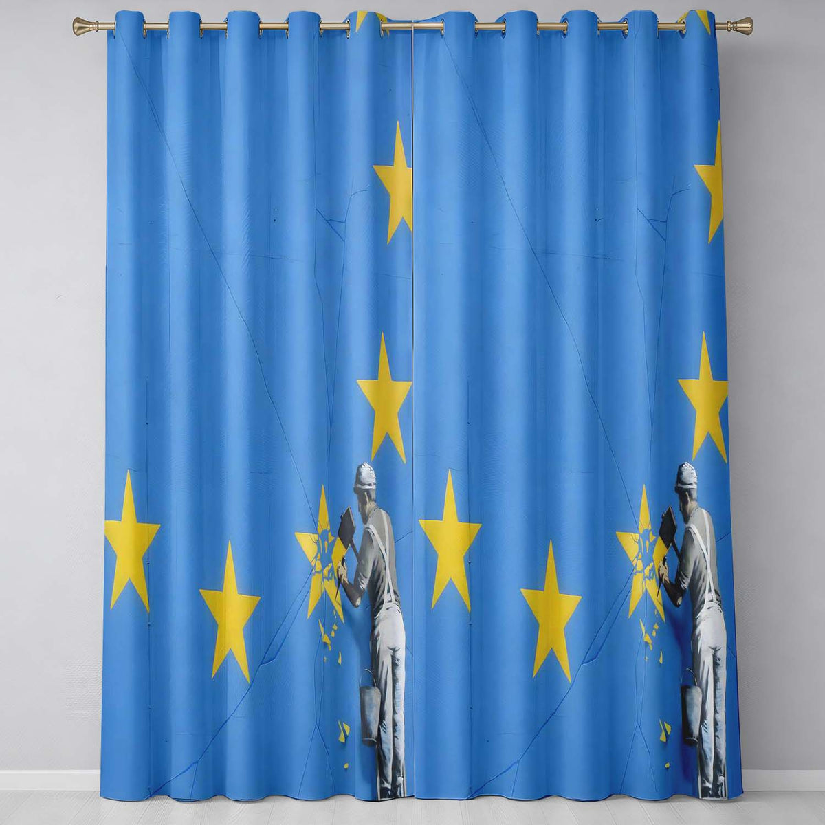 Blue Flag Yellow Stars Worker Political Graffiti Contemporary Artistic Home Decor Readymade Eyelet Ring Top Thermal 100% Blackout Curtains