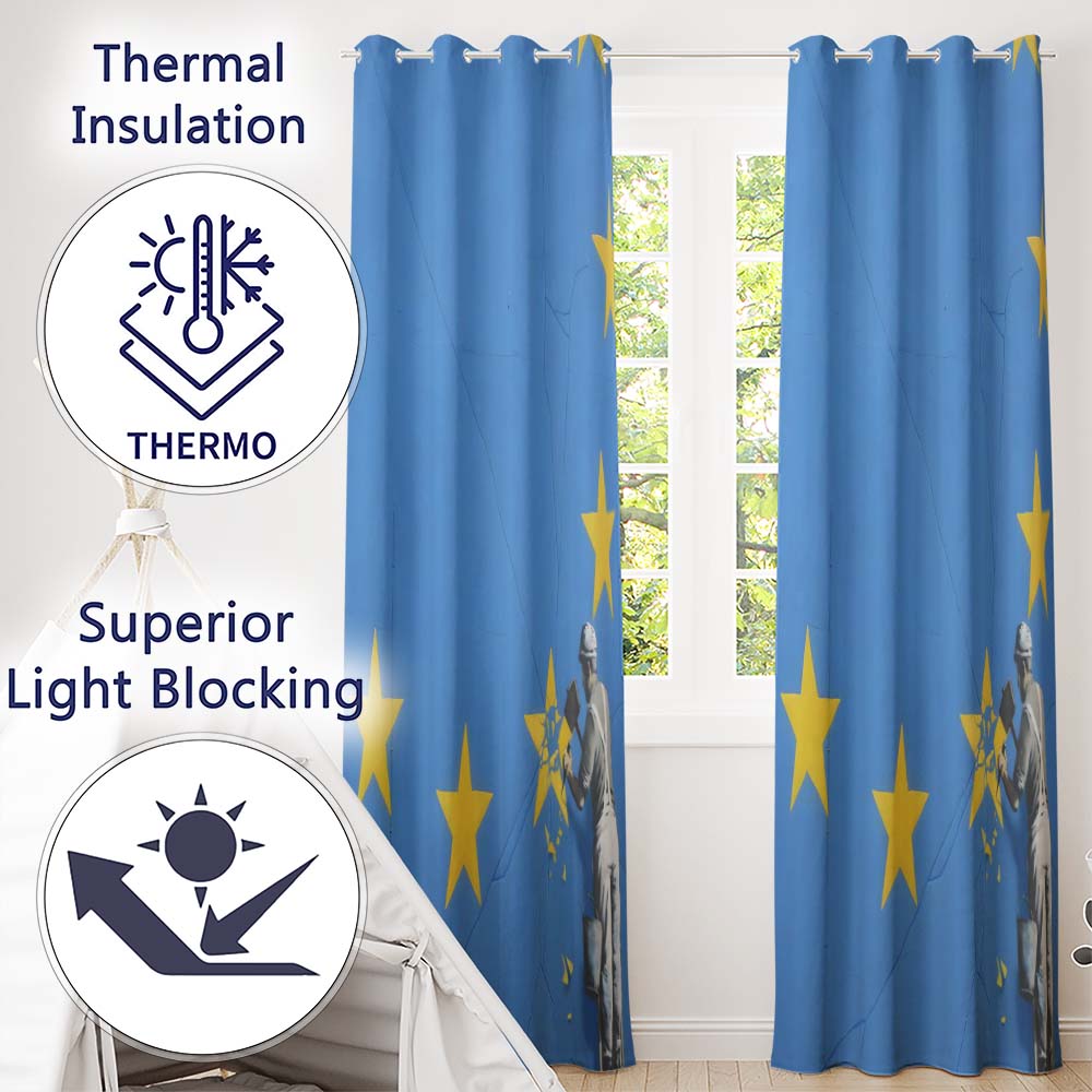 Blue Flag Yellow Stars Worker Political Graffiti Contemporary Artistic Home Decor Readymade Eyelet Ring Top Thermal 100% Blackout Curtains