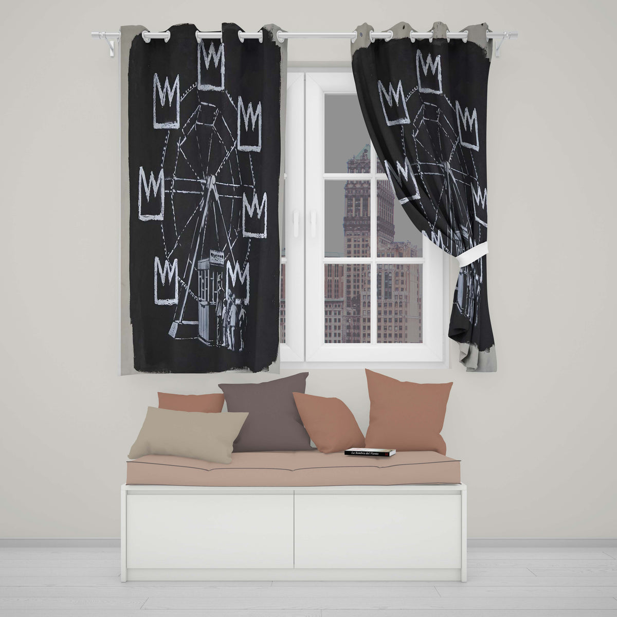 Ferris Wheel Children Crown Monochrome Graffiti Elegant Artwork for Bedroom Decor Readymade Eyelet Ring Top Thermal 100% Blackout Curtains