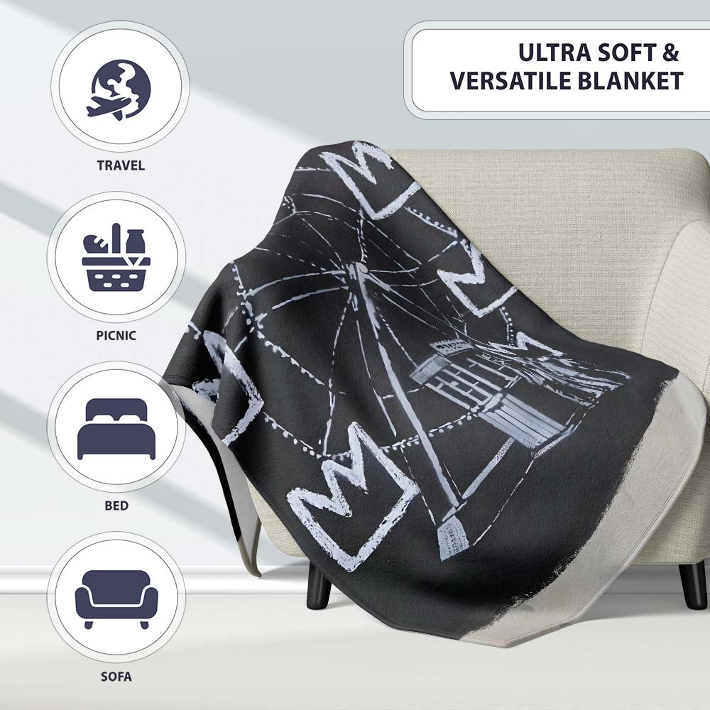 Ferris Wheel Children Crown Monochrome Graffiti, Bedroom Living Room Accent, All Season Comfort - Super Soft Fleece Blanket Bed Sofa Throw