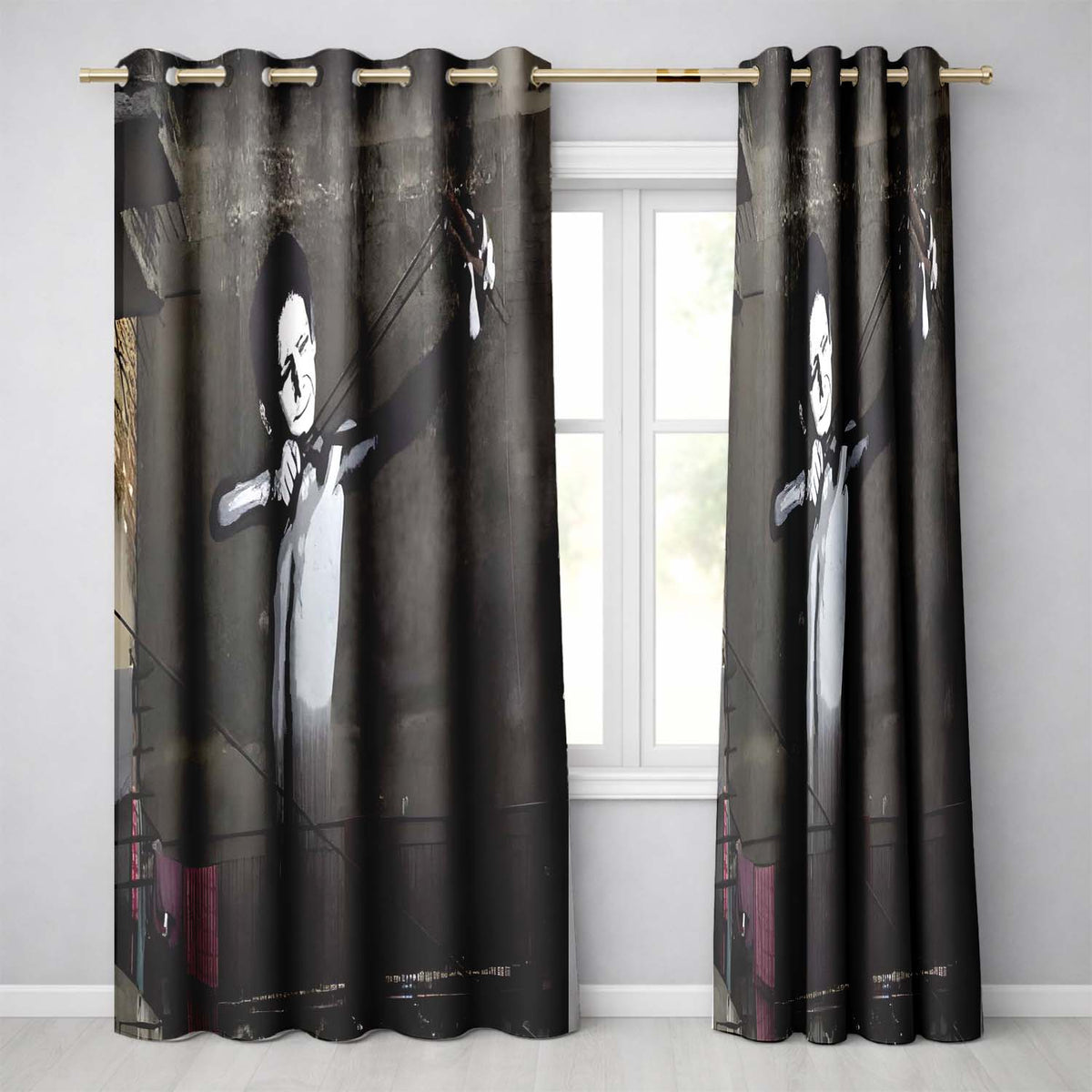 Monochrome Woman Slingshot Dark Street Graffiti Vibrant Artwork for Bedroom Decor Readymade Eyelet Ring Top Thermal 100% Blackout Curtains