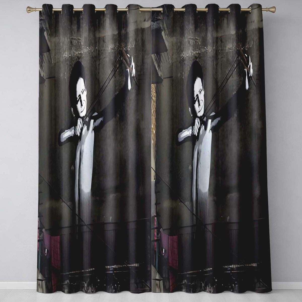 Monochrome Woman Slingshot Dark Street Graffiti Vibrant Artwork for Bedroom Decor Readymade Eyelet Ring Top Thermal 100% Blackout Curtains