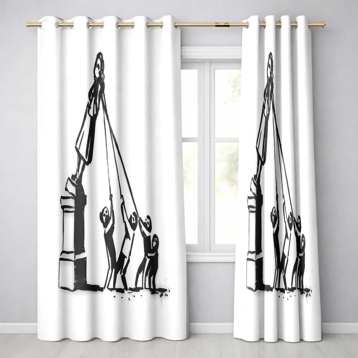 Children Pulling Woman Statue Minimal Graffiti Bold Unique Artwork for Home Decor Readymade Eyelet Ring Top Thermal 100% Blackout Curtains