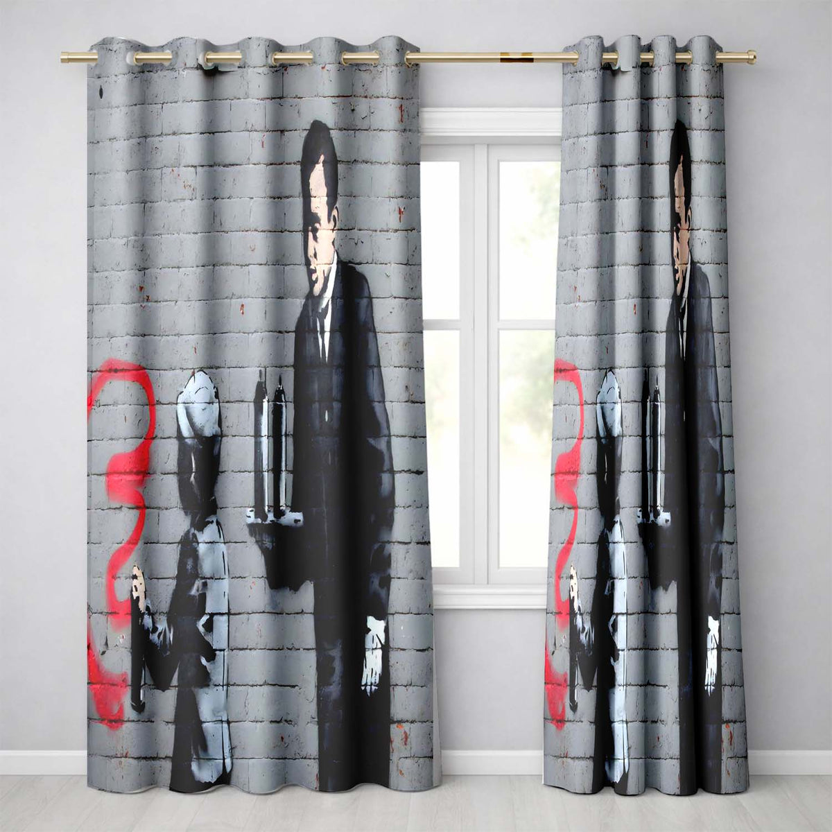 Child Drawing Red Line Butler Urban Graffiti Modern Unique Artwork for Home Decor Readymade Eyelet Ring Top Thermal 100% Blackout Curtains
