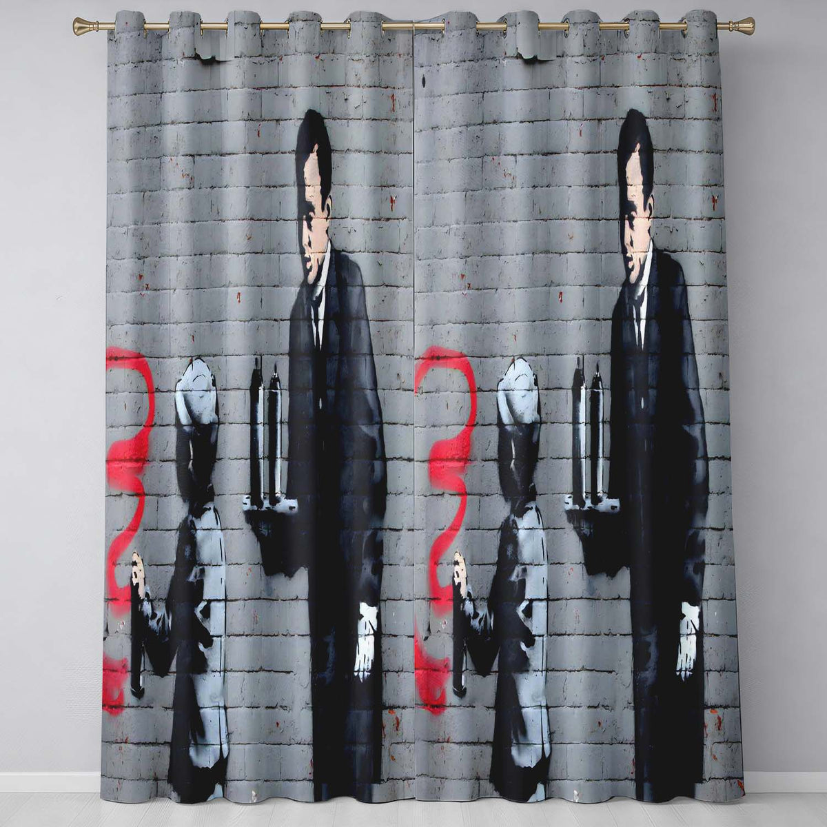 Child Drawing Red Line Butler Urban Graffiti Modern Unique Artwork for Home Decor Readymade Eyelet Ring Top Thermal 100% Blackout Curtains