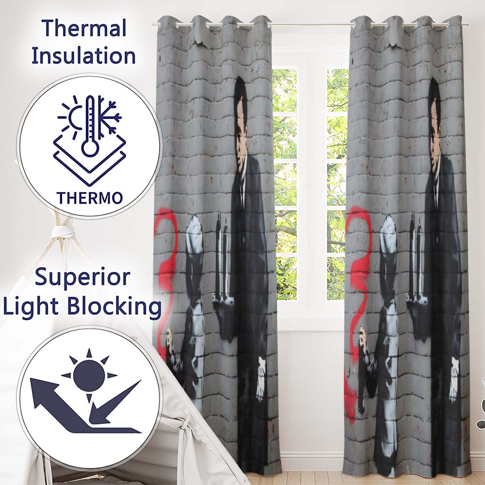 Child Drawing Red Line Butler Urban Graffiti Modern Unique Artwork for Home Decor Readymade Eyelet Ring Top Thermal 100% Blackout Curtains