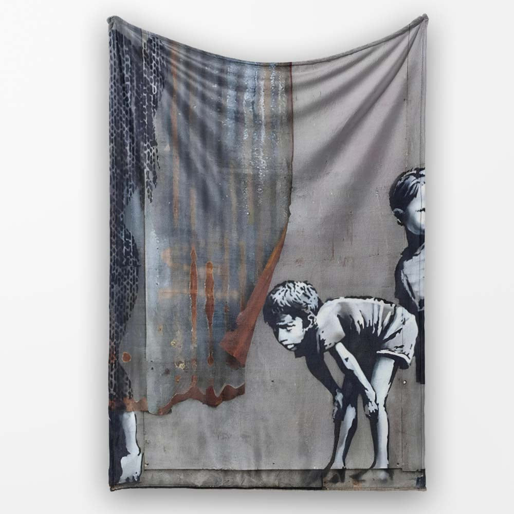 Two Boys and Hidden Woman Monochrome Urban Graffiti, All Season Comfort, Modern Interior Accent - Super Soft Fleece Blanket Bed Sofa Throw