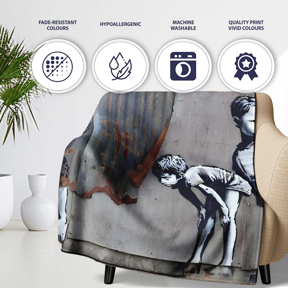 Two Boys and Hidden Woman Monochrome Urban Graffiti, All Season Comfort, Modern Interior Accent - Super Soft Fleece Blanket Bed Sofa Throw
