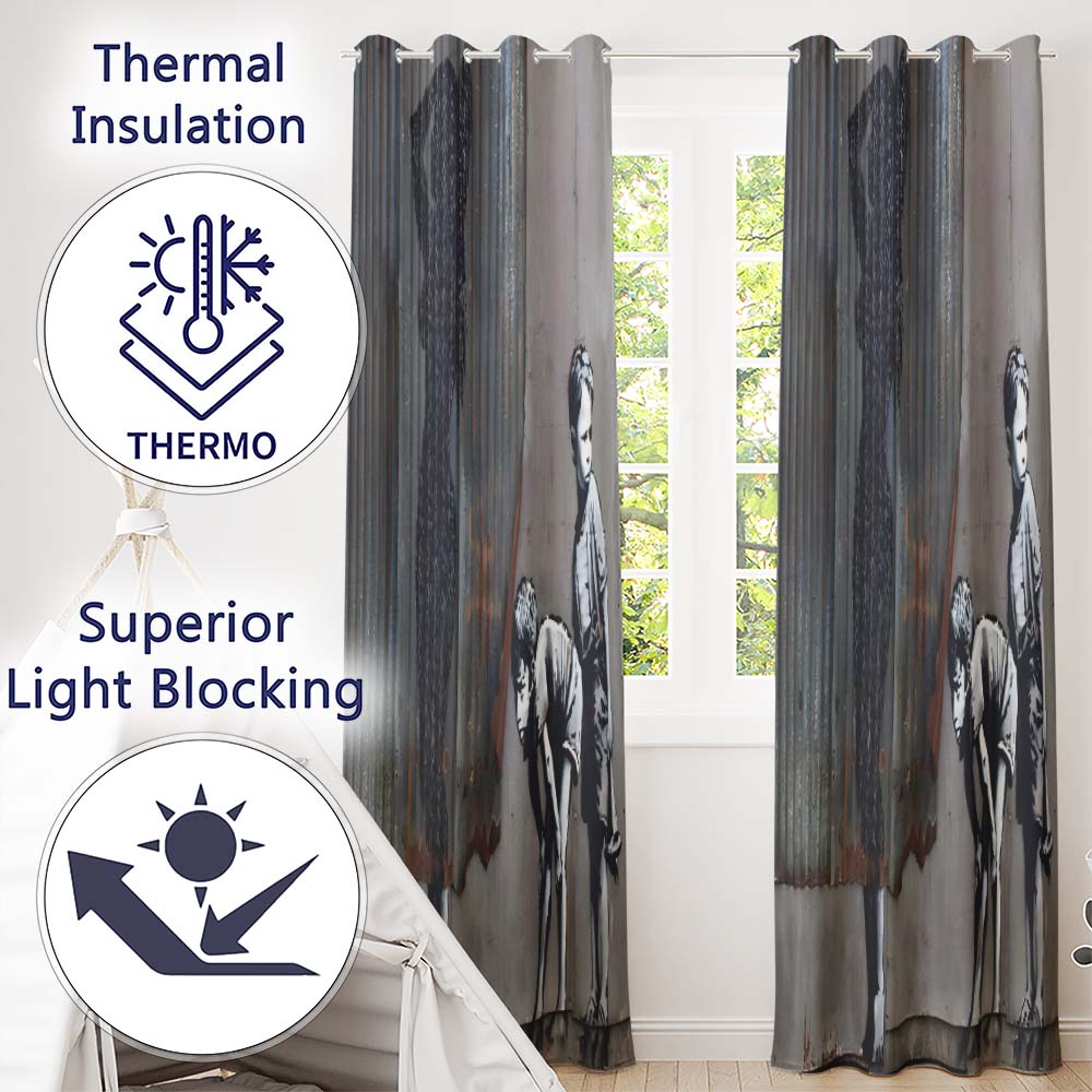 Two Boys and Hidden Woman Monochrome Urban Graffiti Elegant Design for Home Decor Readymade Eyelet Ring Top Thermal 100% Blackout Curtains