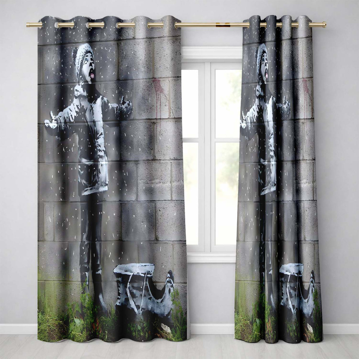 Child Catching Snow beside Small Boat Graffiti Bold Artwork for Living Room Decor Readymade Eyelet Ring Top Thermal 100% Blackout Curtains