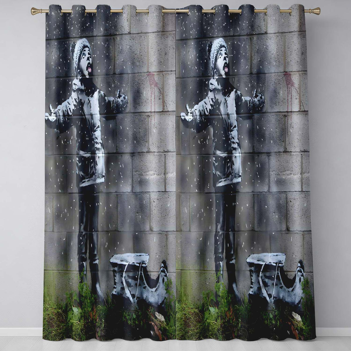 Child Catching Snow beside Small Boat Graffiti Bold Artwork for Living Room Decor Readymade Eyelet Ring Top Thermal 100% Blackout Curtains