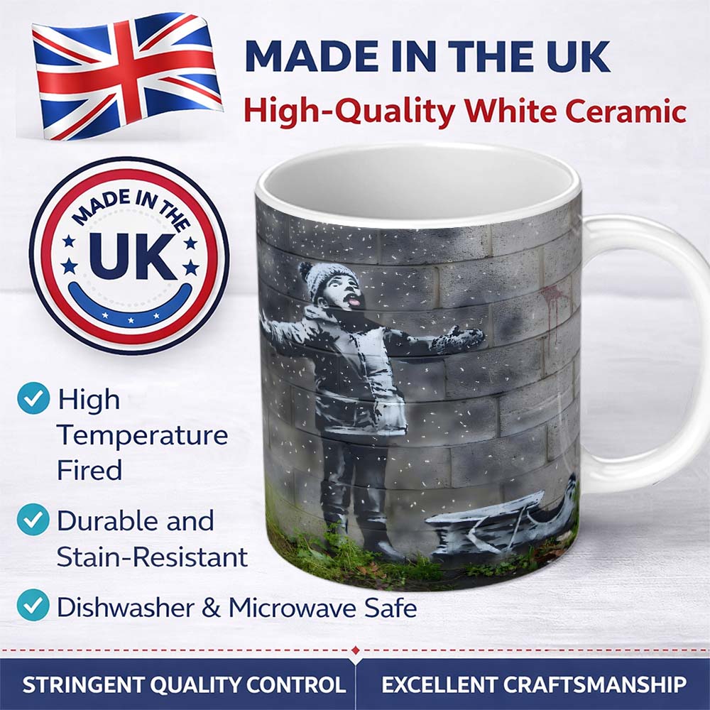 Child Catching Snow beside Small Boat Graffiti 11oz Ceramic Coffee Tea Mug White Large Handle