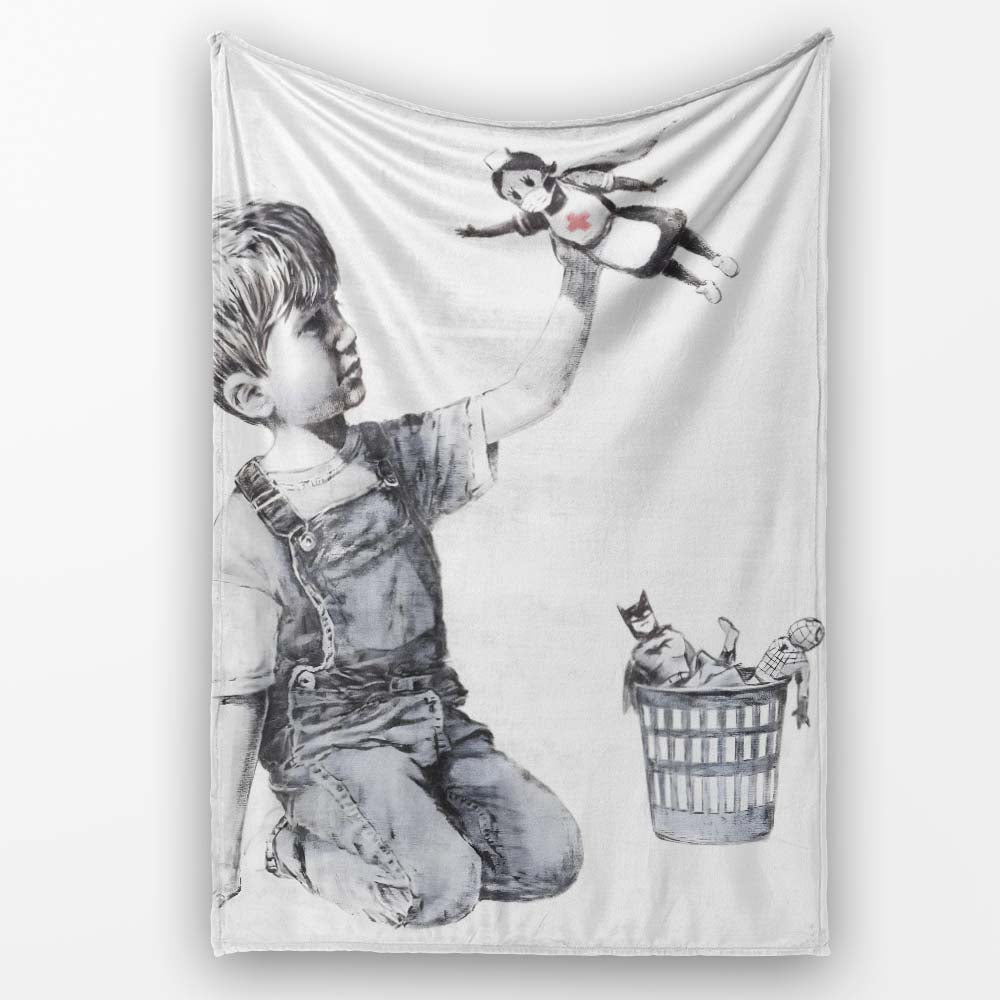 Boy Holding Flying Nurse Doll Monochrome Graffiti, All Season Comfort, Comfortable Everyday Use - Super Soft Fleece Blanket Bed Sofa Throw