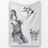 Boy Holding Flying Nurse Doll Monochrome Graffiti, All Season Comfort, Comfortable Everyday Use - Super Soft Fleece Blanket Bed Sofa Throw