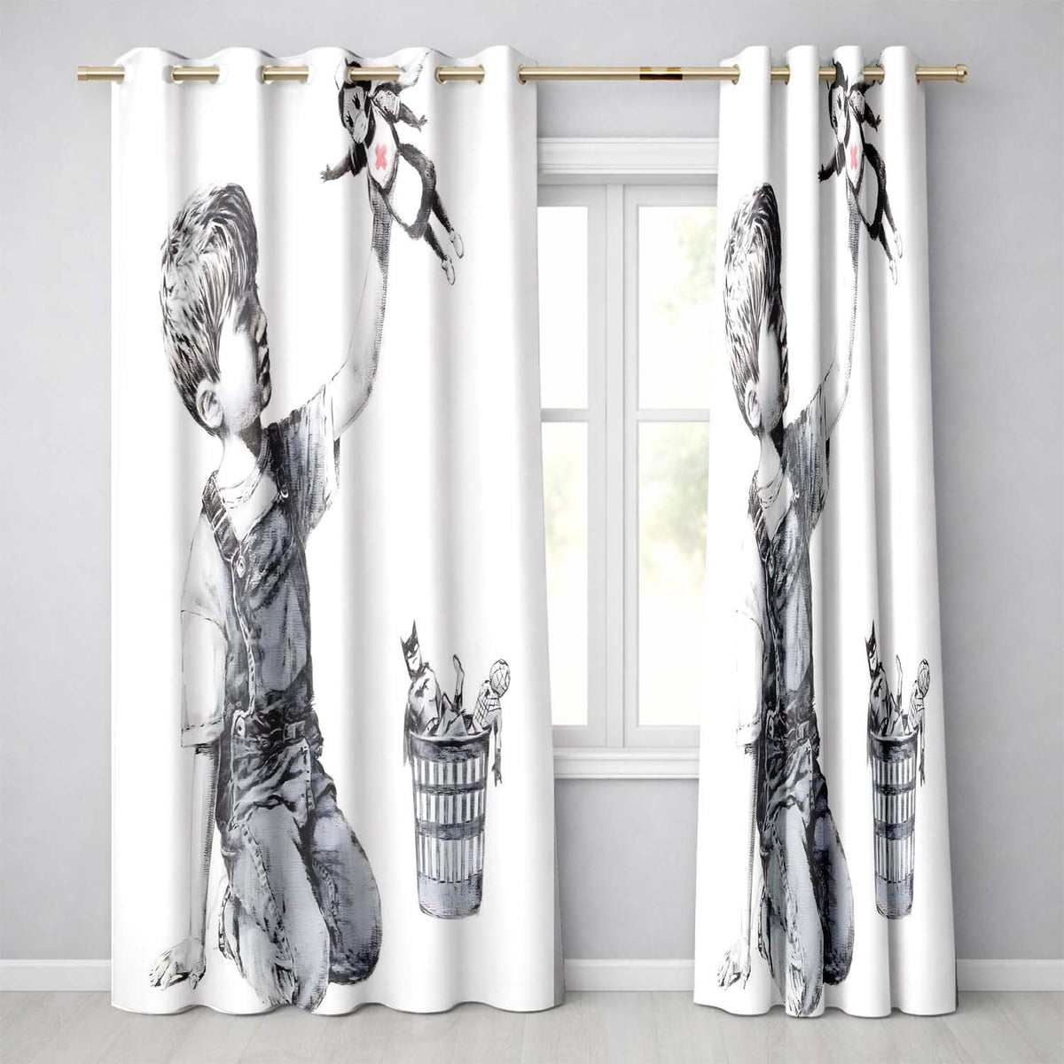 Boy Holding Flying Nurse Doll Monochrome Graffiti Distinctive Artistic Home Decor Readymade Eyelet Ring Top Thermal 100% Blackout Curtains