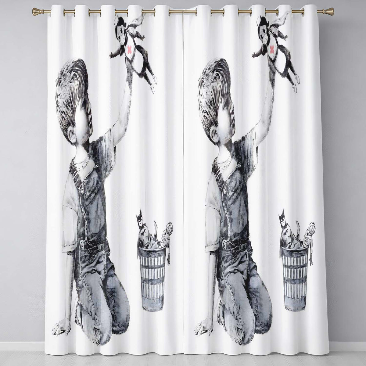 Boy Holding Flying Nurse Doll Monochrome Graffiti Distinctive Artistic Home Decor Readymade Eyelet Ring Top Thermal 100% Blackout Curtains