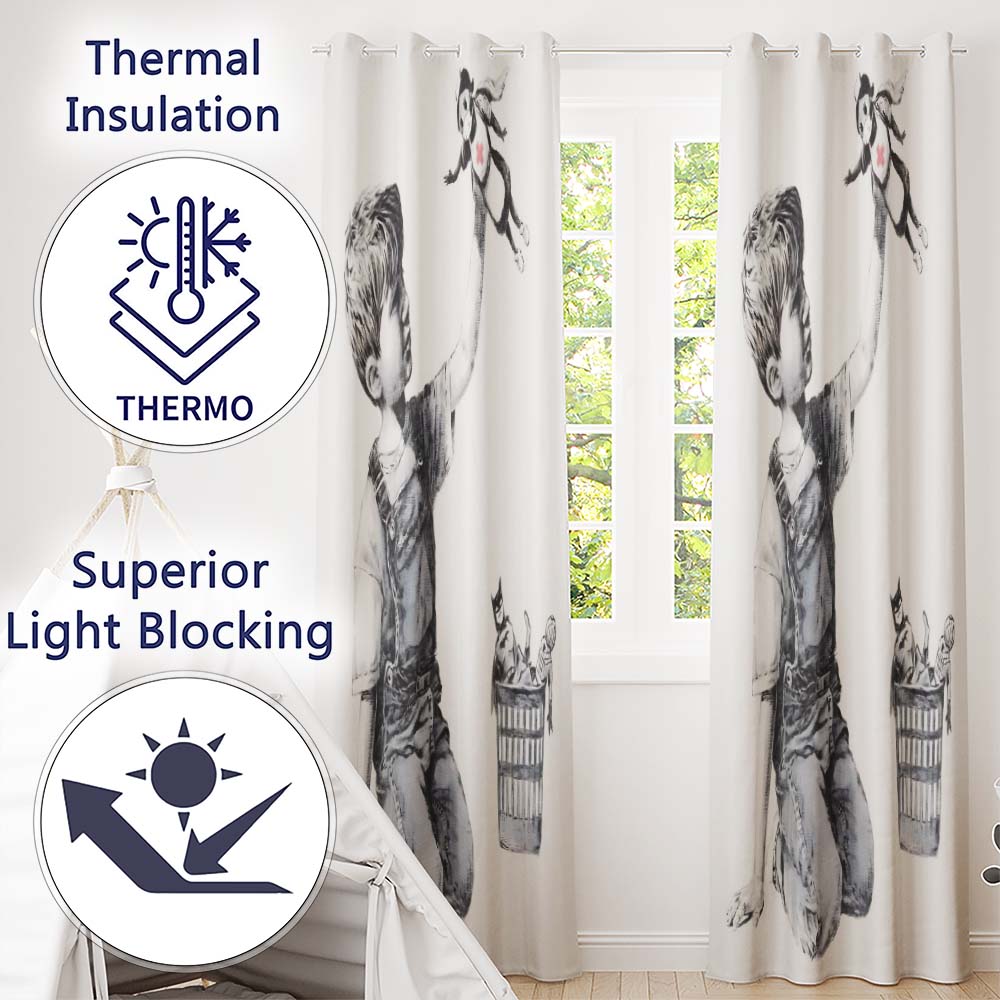 Boy Holding Flying Nurse Doll Monochrome Graffiti Distinctive Artistic Home Decor Readymade Eyelet Ring Top Thermal 100% Blackout Curtains