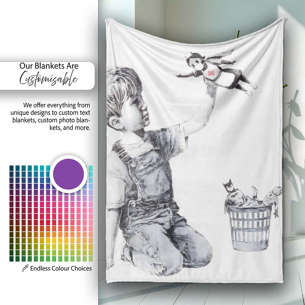 Boy Holding Flying Nurse Doll Monochrome Graffiti, All Season Comfort, Comfortable Everyday Use - Super Soft Fleece Blanket Bed Sofa Throw