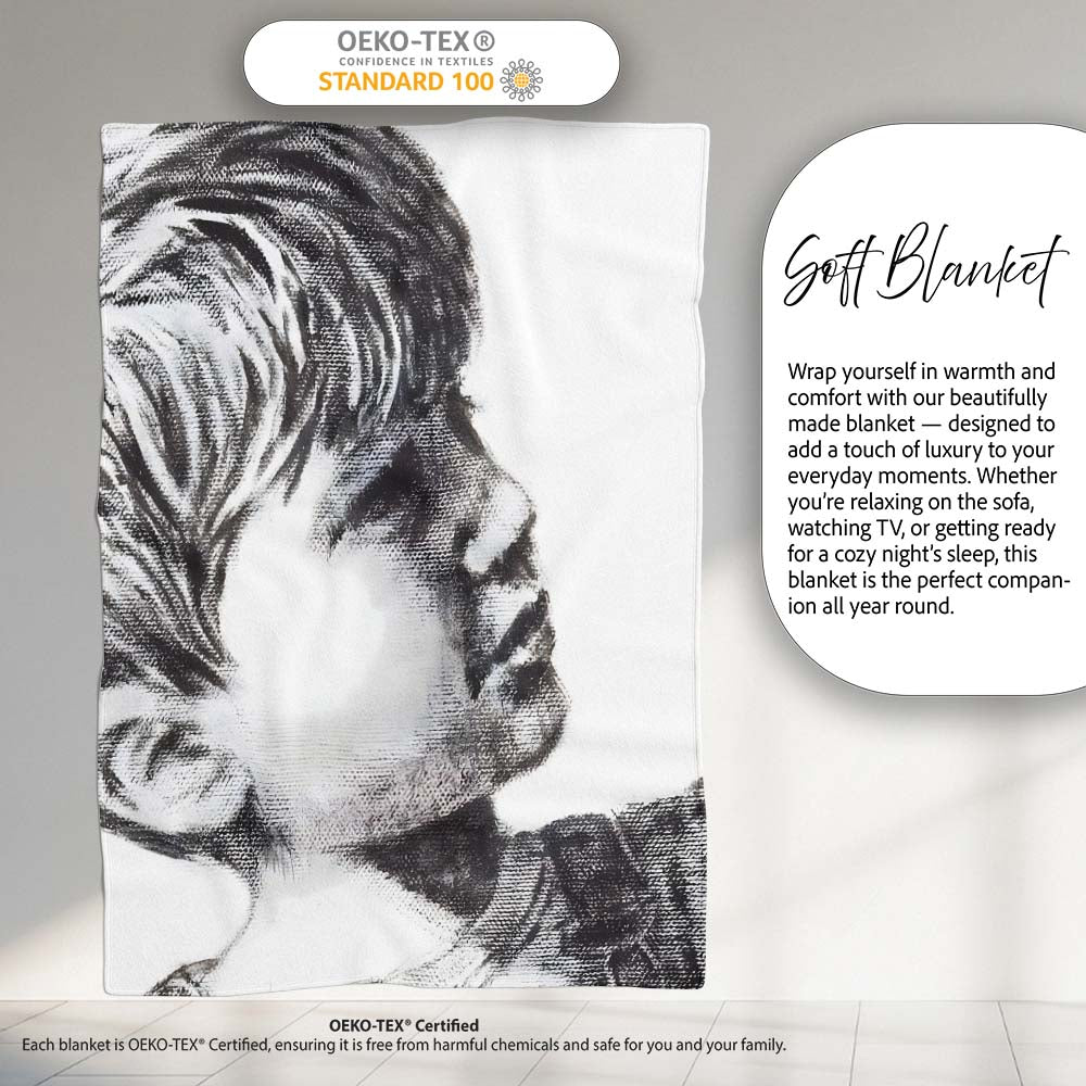Child Face Close Up Monochrome Stencil Portrait, Bedroom Living Room Accent, All Season Comfort - Super Soft Fleece Blanket Bed Sofa Throw