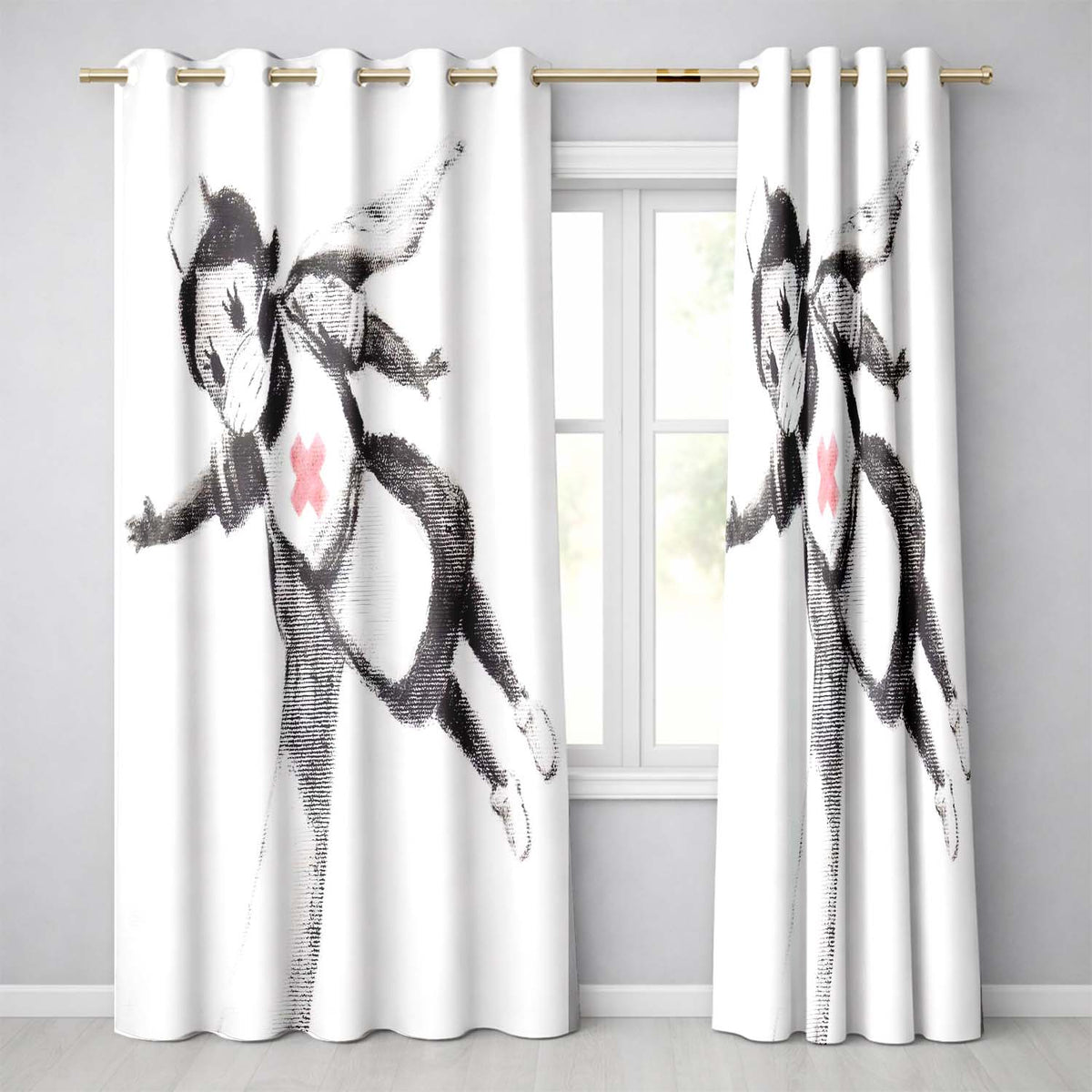 Flying Nurse Doll Red Cross Minimal Stencil Art Vibrant Artwork for Bedroom Decor Readymade Eyelet Ring Top Thermal 100% Blackout Curtains