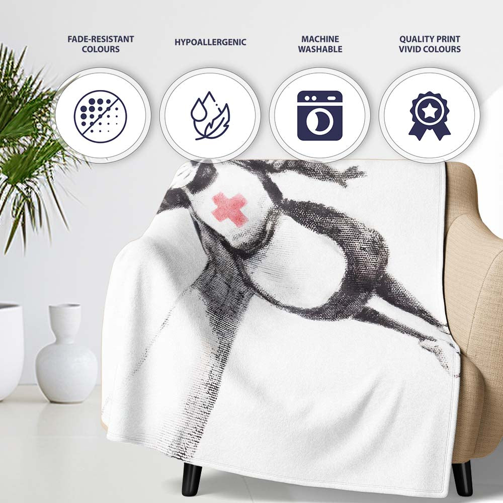 Flying Nurse Doll Red Cross Minimal Stencil Art, Bedroom Living Room Accent, All Season Comfort - Super Soft Fleece Blanket Bed Sofa Throw