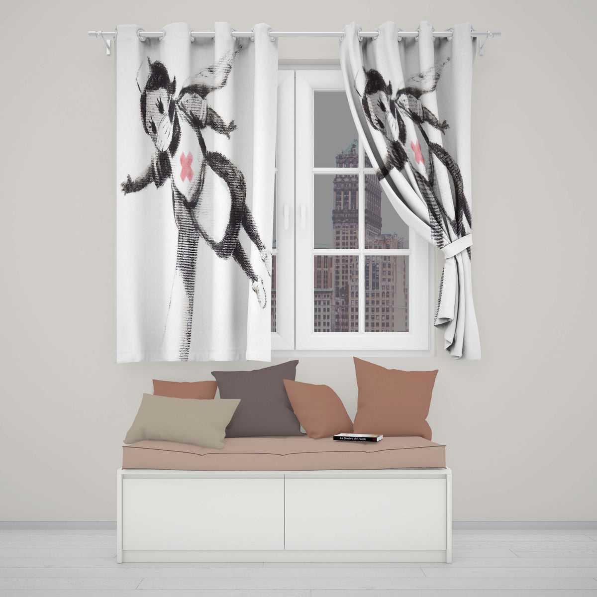 Flying Nurse Doll Red Cross Minimal Stencil Art Vibrant Artwork for Bedroom Decor Readymade Eyelet Ring Top Thermal 100% Blackout Curtains