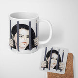 Woman Behind Prison Bars Minimal Stencil Portrait 11oz Ceramic Coffee Tea Mug White Large Handle