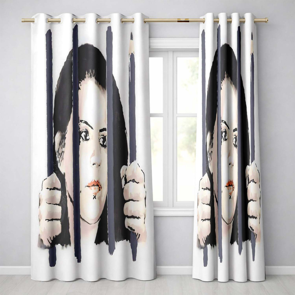 Woman Behind Prison Bars Minimal Stencil Portrait Distinctive Wall Art Home Decor Readymade Eyelet Ring Top Thermal 100% Blackout Curtains