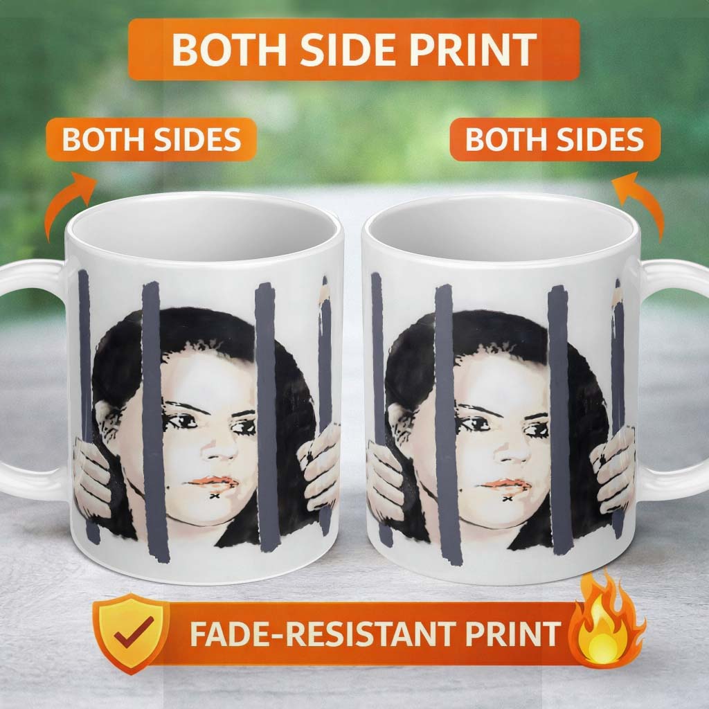 Woman Behind Prison Bars Minimal Stencil Portrait 11oz Ceramic Coffee Tea Mug White Large Handle