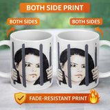 Woman Behind Prison Bars Minimal Stencil Portrait 11oz Ceramic Coffee Tea Mug White Large Handle