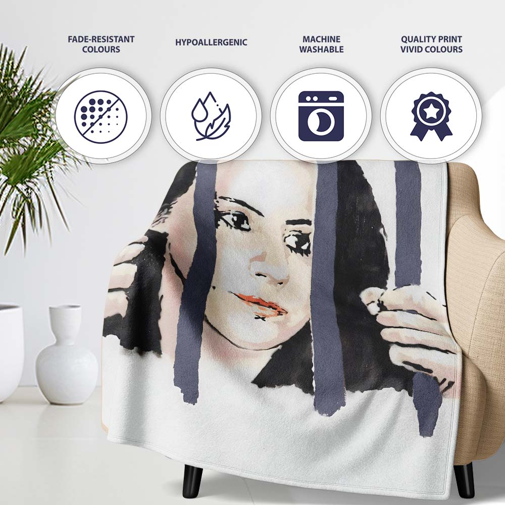 Woman Behind Prison Bars Minimal Stencil Portrait, All Season Comfort, Comfortable Everyday Use - Super Soft Fleece Blanket Bed Sofa Throw