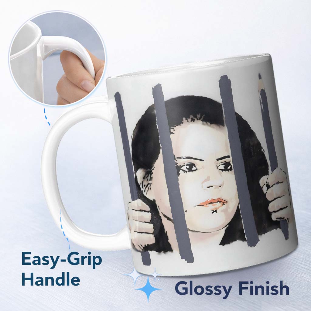 Woman Behind Prison Bars Minimal Stencil Portrait 11oz Ceramic Coffee Tea Mug White Large Handle
