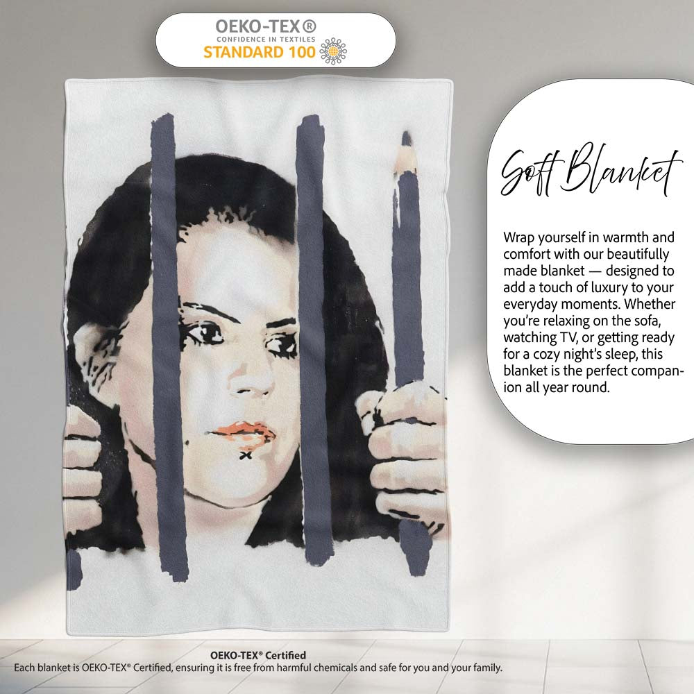 Woman Behind Prison Bars Minimal Stencil Portrait, All Season Comfort, Comfortable Everyday Use - Super Soft Fleece Blanket Bed Sofa Throw