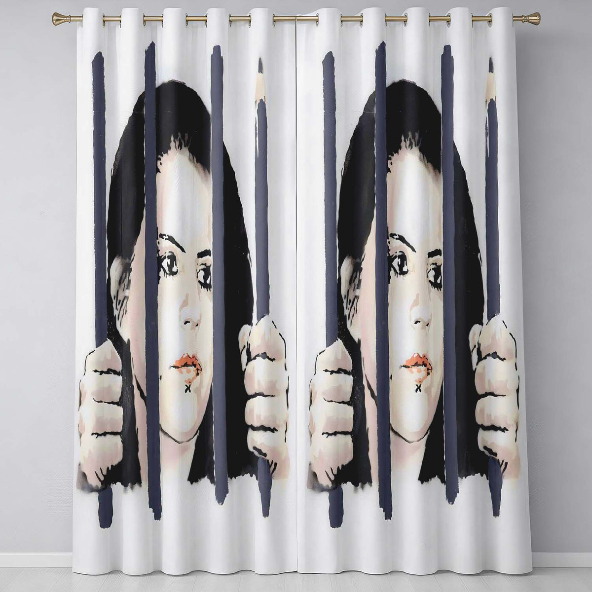 Woman Behind Prison Bars Minimal Stencil Portrait Distinctive Wall Art Home Decor Readymade Eyelet Ring Top Thermal 100% Blackout Curtains