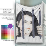 Woman Behind Prison Bars Minimal Stencil Portrait, All Season Comfort, Comfortable Everyday Use - Super Soft Fleece Blanket Bed Sofa Throw