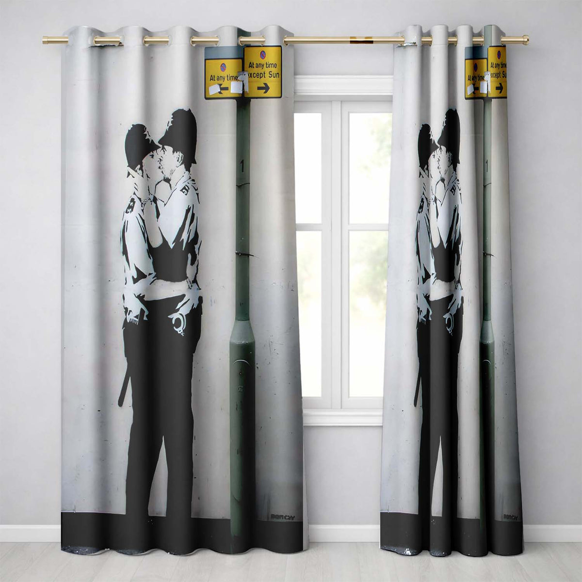 Kissing Police Officers Monochrome Urban Stencil Unique Artwork for Bedroom Decor Readymade Eyelet Ring Top Thermal 100% Blackout Curtains