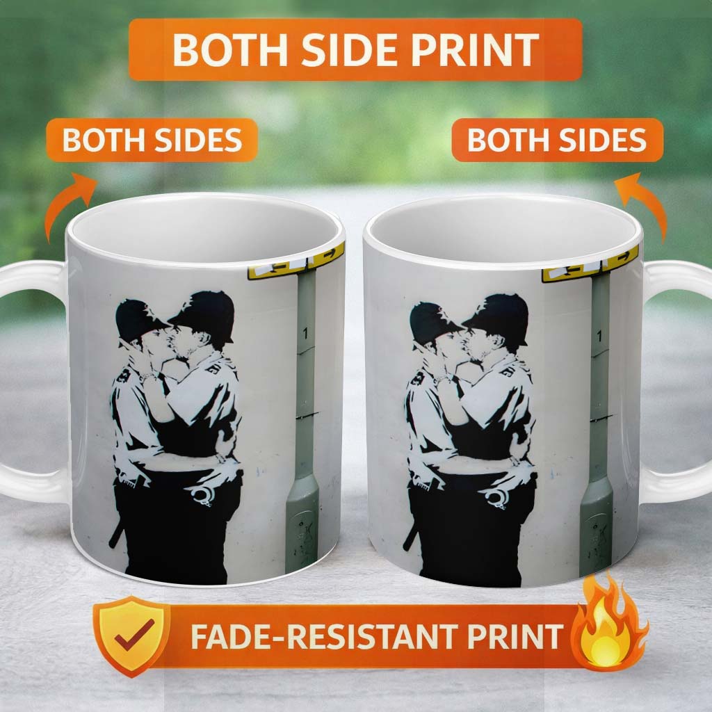 Kissing Police Officers Monochrome Urban Stencil 11oz Ceramic Coffee Tea Mug White Large Handle