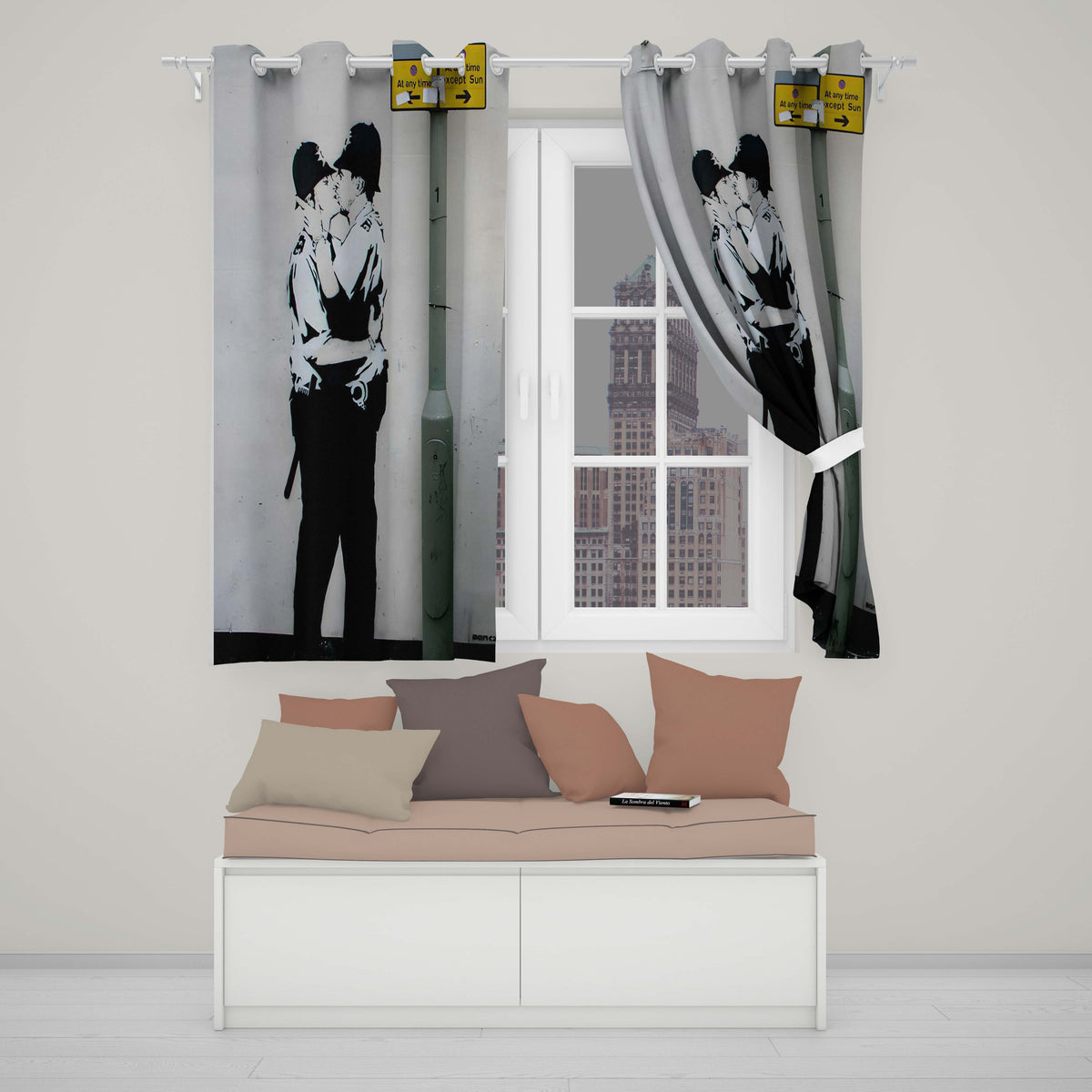 Kissing Police Officers Monochrome Urban Stencil Unique Artwork for Bedroom Decor Readymade Eyelet Ring Top Thermal 100% Blackout Curtains