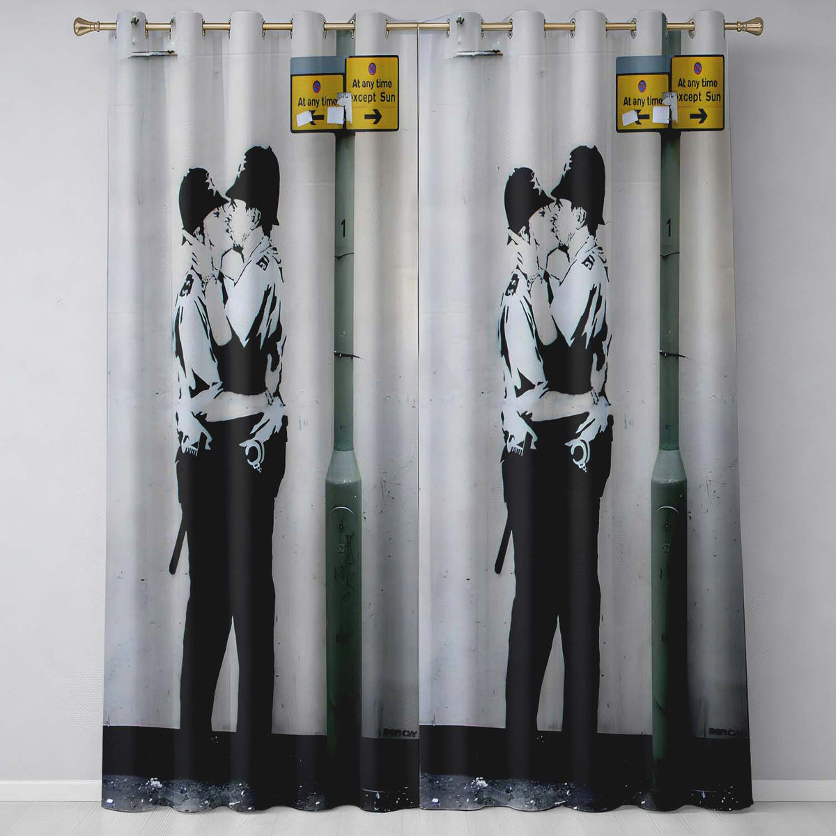 Kissing Police Officers Monochrome Urban Stencil Unique Artwork for Bedroom Decor Readymade Eyelet Ring Top Thermal 100% Blackout Curtains