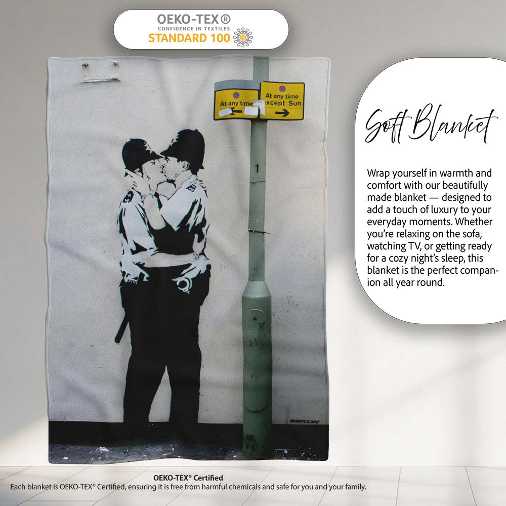 Kissing Police Officers Monochrome Urban Stencil, All Season Comfort, Decorative Wall Art Style - Super Soft Fleece Blanket Bed Sofa Throw