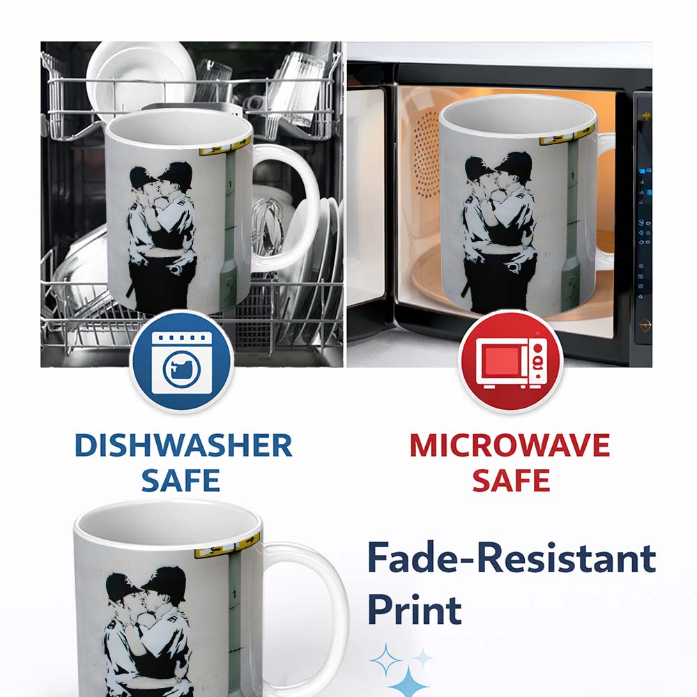Kissing Police Officers Monochrome Urban Stencil 11oz Ceramic Coffee Tea Mug White Large Handle